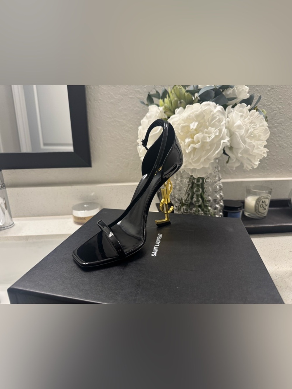 Yves Saint Laurent Black Opyum Patent Leather Sandal.